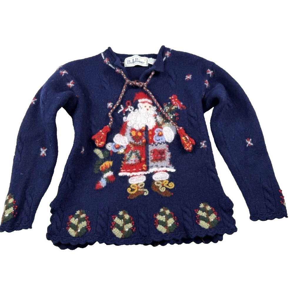 Vintage Belle Pointe‎ Christmas Sweater Size XS 100% Wool Country Santa Claus